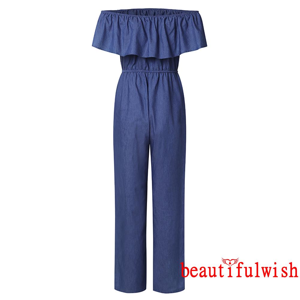✡Yl♀Jumpsuit Denim Trễ Vai Thiết Kế Dây Rút Eo Cao Thời Trang Xinh Xắn Cho Nữ | BigBuy360 - bigbuy360.vn