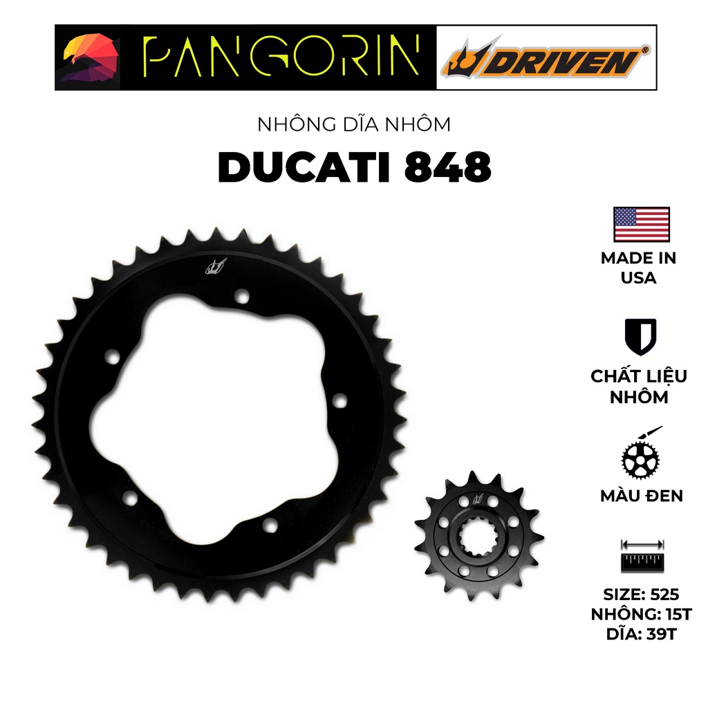 Driven Racing - Nhông dĩa cho xe phân khối lớn mô tô Ducati 848 chất liệu nhôm, màu sắc đen