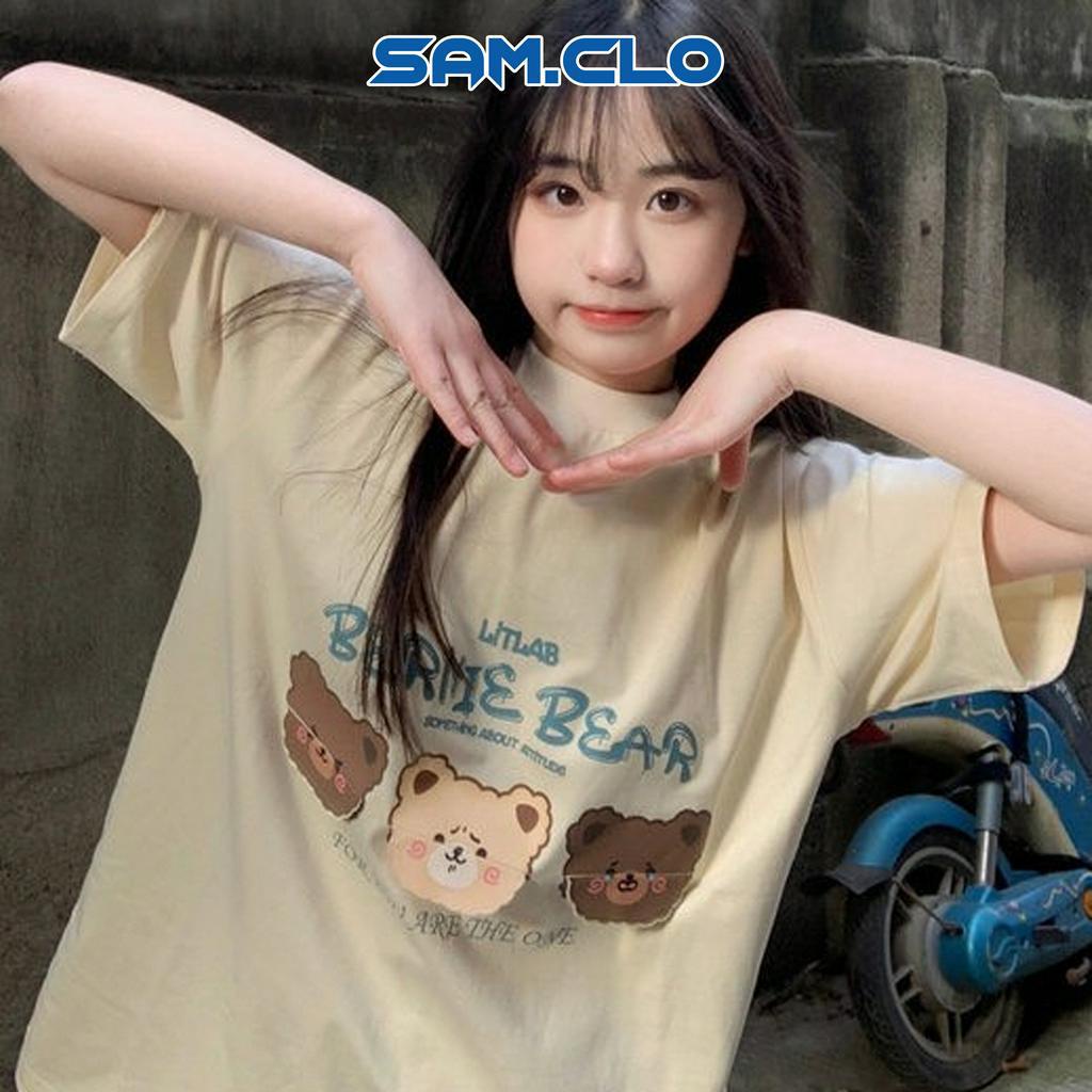 Áo phông nữ tay lỡ thun form rộng SAM CLO freesize dáng Unisex mặc cặp, nhóm, lớp in BERNIE BEAR