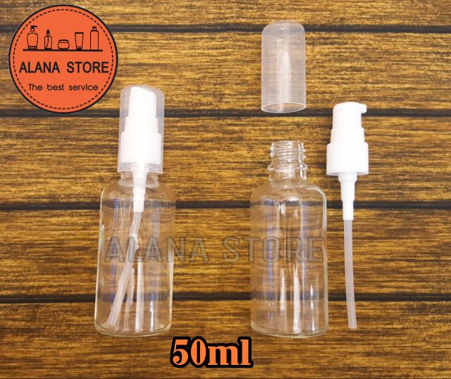 Lọ chiết mỹ phẩm thủy tinh trong vòi ấn ngắn trắng 50ml