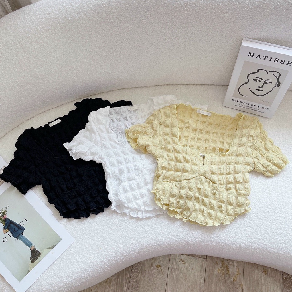 Áo thun croptop xốp tay ngắn vạt bầu tròn xinh NU