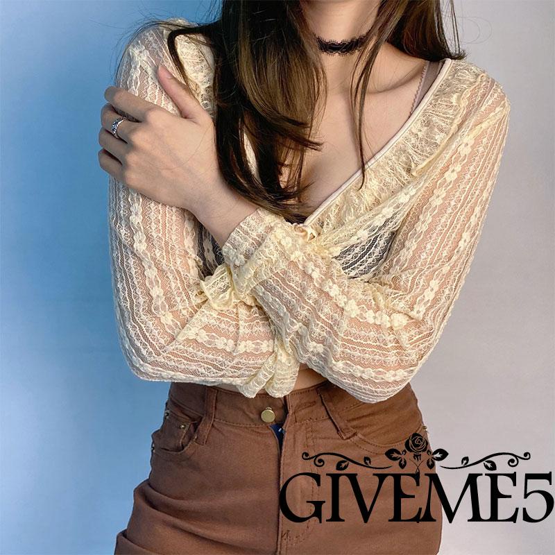 Áo cardigan croptop tay dài cổ chữ V phối diềm xếp nếp vải mỏng xuyên thấu phối ren hoa cột dây dành cho bạn nữ