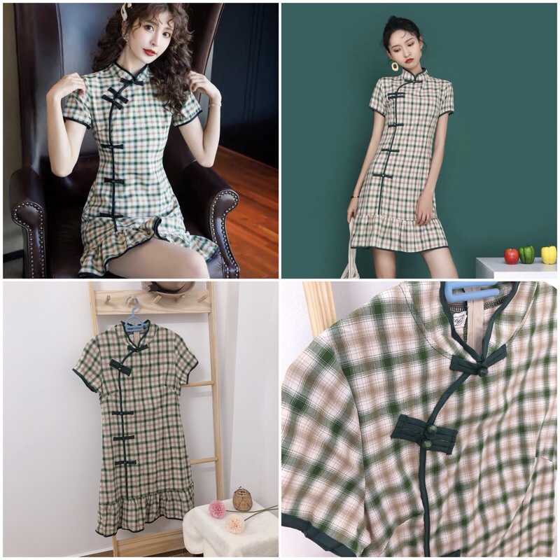 Sườn xám caro Trung Hoa trending dưới 68 kg