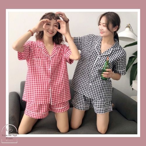 [ Qùa tặng dây cột tóc ] Pyjama nữ hàn quốc caro ngắn tay giá rẻ bộ mặc nhà nữ mùa hè chất liệu kate thái cao cấp bộ ngủ | BigBuy360 - bigbuy360.vn
