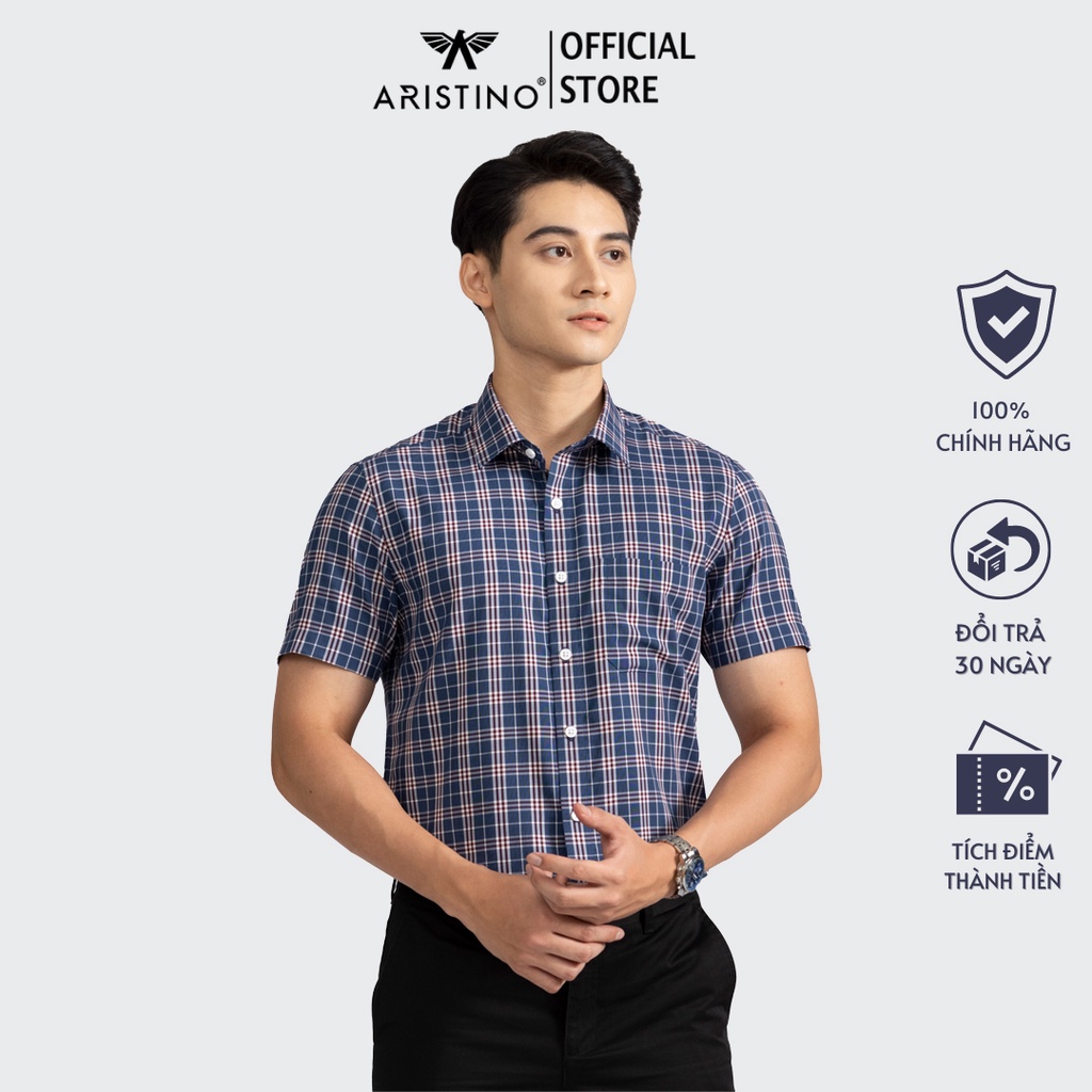 Áo sơ mi nam ngắn tay ARISTINO họa tiết xanh kẻ nâu nam tính, lịch lãm - ASS029S2