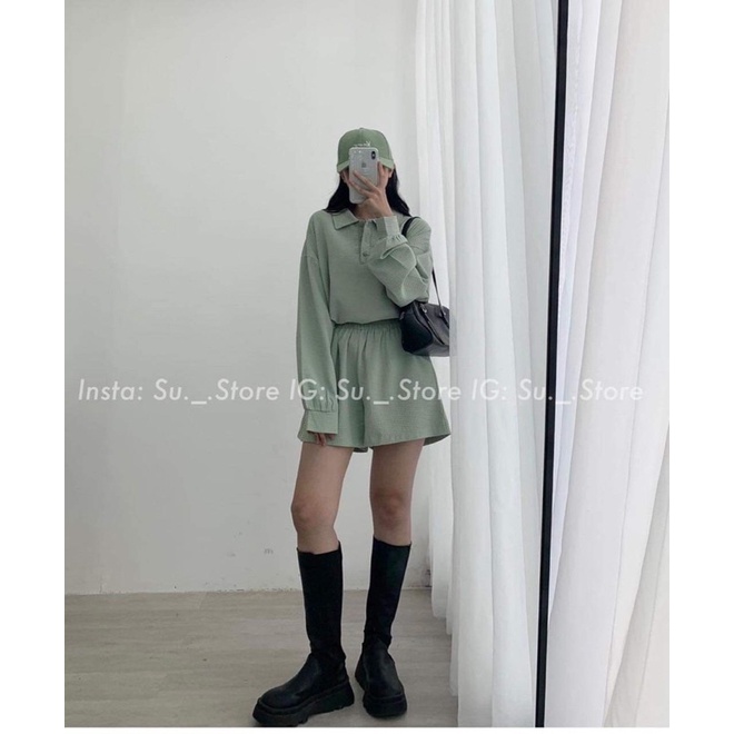 Set nỉ xốp áo cổ đức quần sooc đồng màu POLI