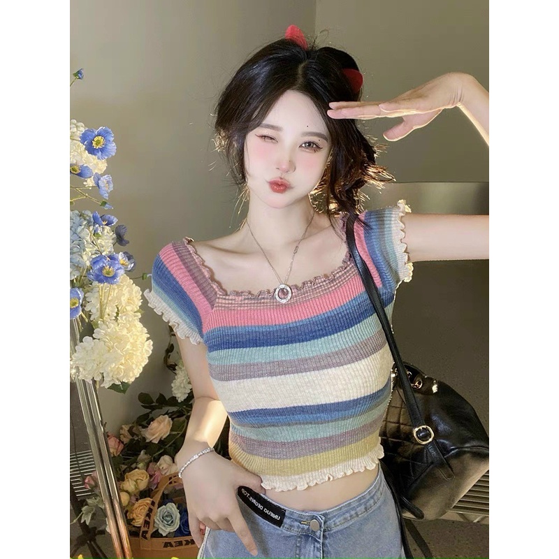 Áo len mỏng trễ vai chun kẻ sắc màu