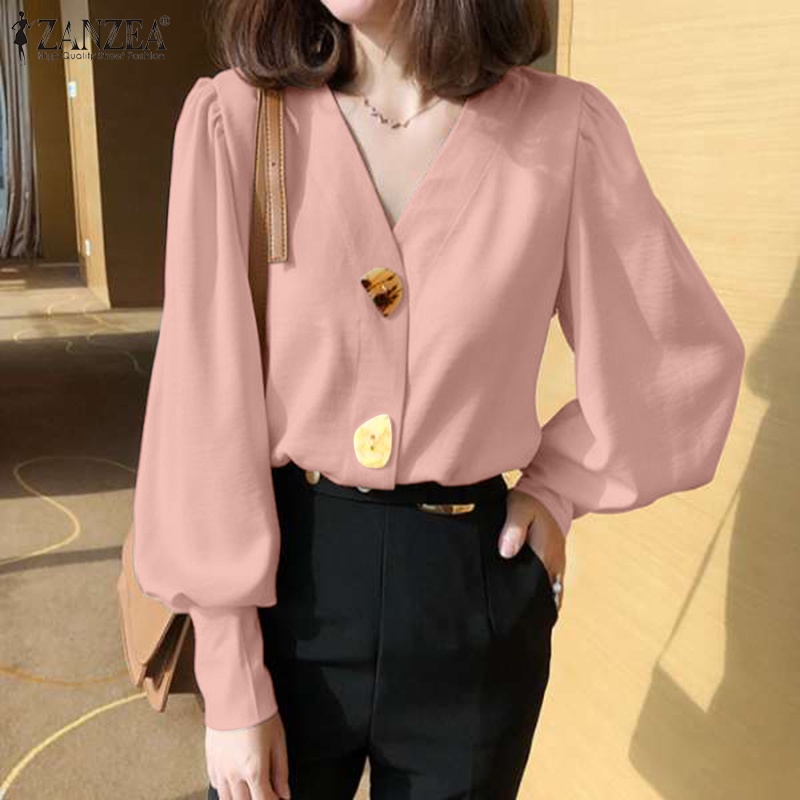 Áo kiểu ZANZEA cổ chữ V tay dài màu trơn thanh lịch phong cách Hàn Quốc thời trang đường phố dành cho bạn nữ
