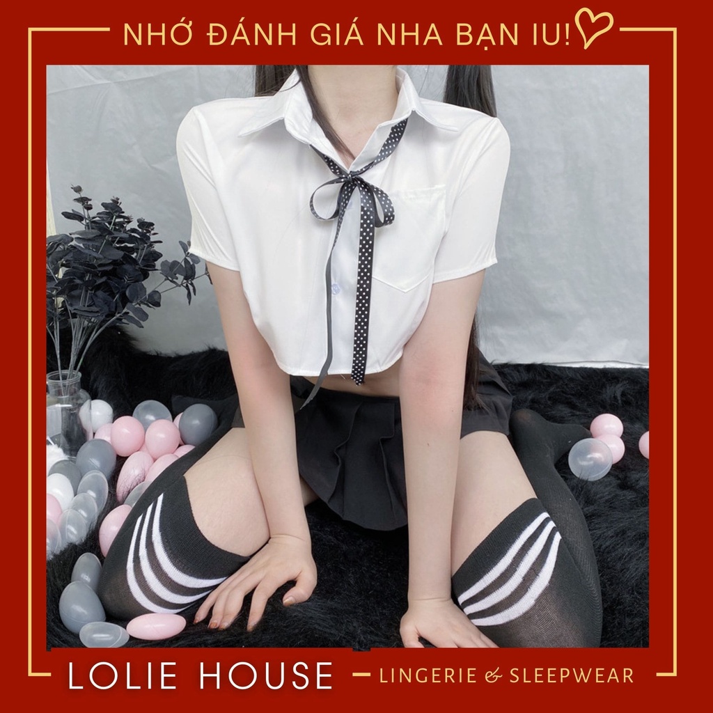 Cosplay học sinh sexy gợi cảm gồm áo trắng có kèm nơ cổ và váy quây đen LOLIE HOUSE - CP43