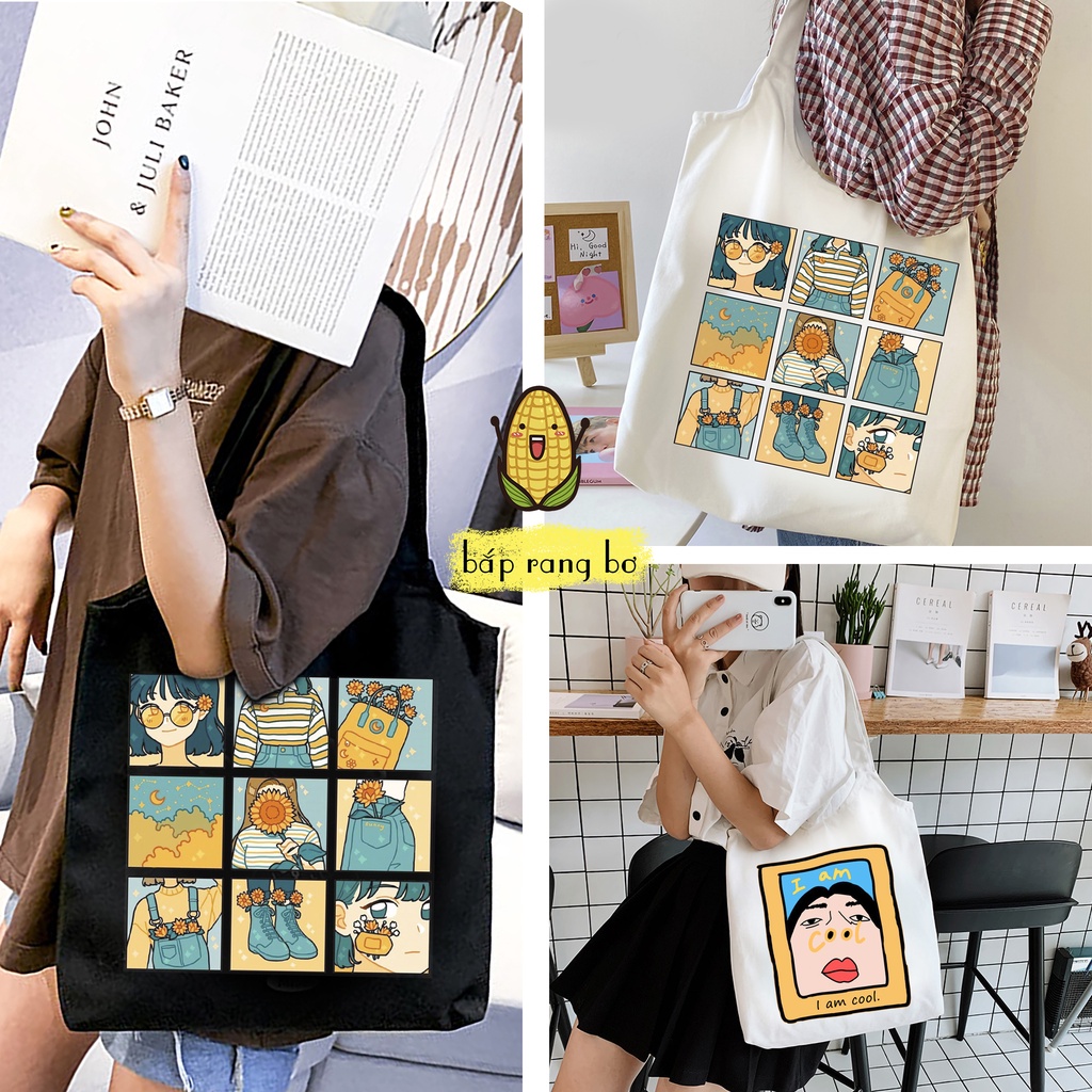 TÚI TOTE TRÒN SẮC MÀU CÔ GÁI VẢI DỆT CANVAS CÓ TÚI CON