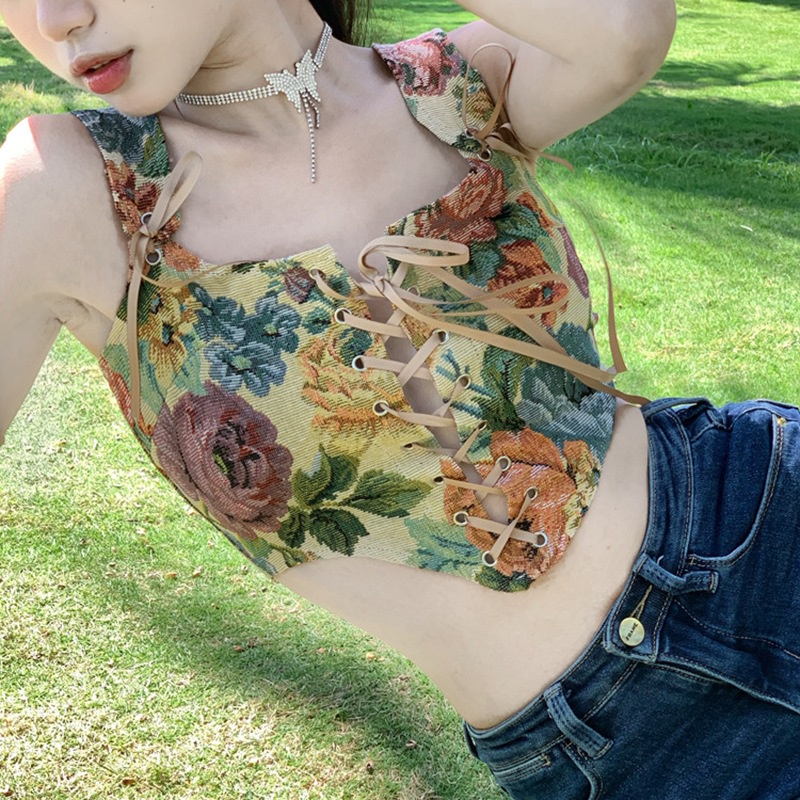 Porozi  Áo croptop  cột dây in họa tiết xinh xắn thời trang Hàn Quốc cho nữ