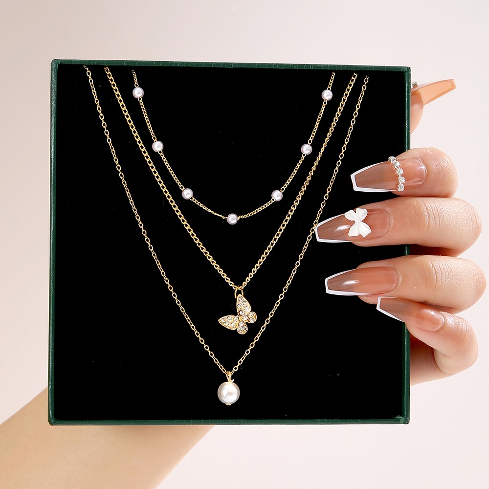 Vòng cổ choker vàng nhiều lớp 17KM hình bướm đính ngọc trai thời trang Hàn Quốc cho nữ