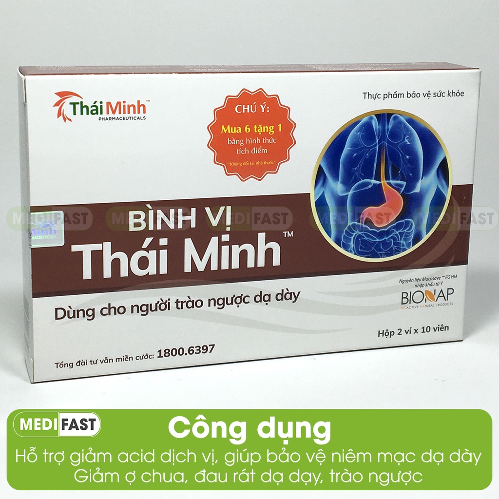 Bình Vị Thái Minh - Ngăn ngừa loét dạ dày, giảm ợ chua trào ngược, Hộp 20v từ thảo dược- mua 6 tặng 1 bằng tem tích điểm