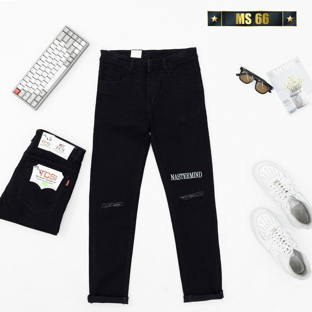 quần jean nam màu đen kiểu rách in hoạ tiết, quần jean chất vải denim cao cấp co dãn nhẹ thoáng mát T-FASHION 24H Ms66