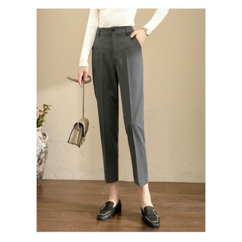 Quần công sở dáng Baggy nữ chất vải tuyết mưa Hàn Kiểu Quần tây nữ Lưng cao ống côn vừa màu Đen và Ghi mặc đi học sinh | BigBuy360 - bigbuy360.vn