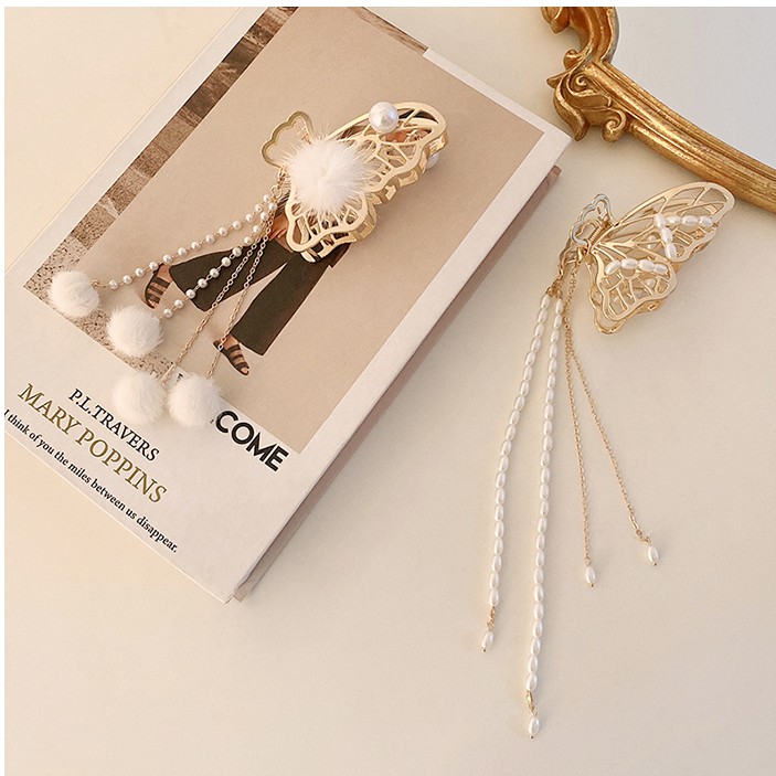 Kẹp tóc hình bướm đính đá và ngọc trai phong cách Hàn Quốc