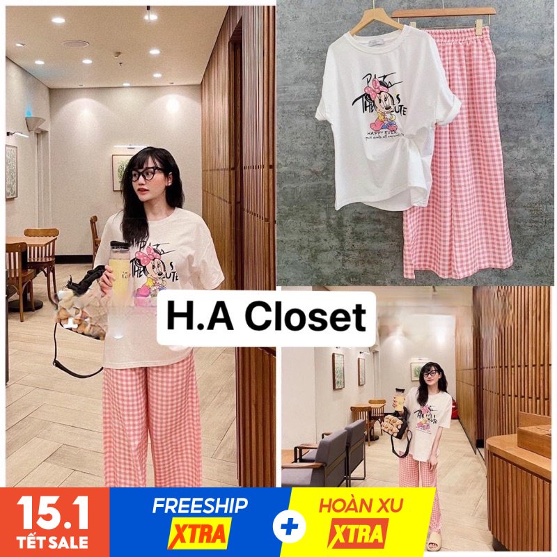 Set Đồ Nữ Áo Thun Trắng In Hình + Quần Dài Suông Sọc Caro Freesize