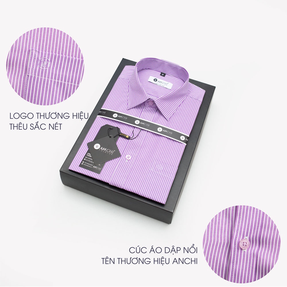Áo Sơ Mi Nam Ngắn Tay Trung Niên ANCHI Hoạ Tiết Kẻ Tím Vải Sợi Tre Cao Cấp