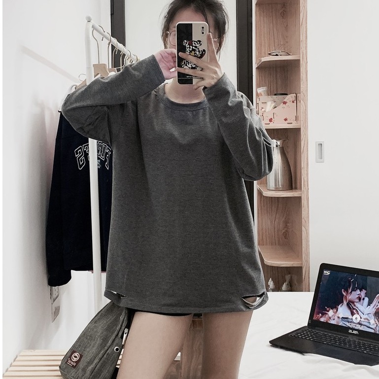 Áo sweater dáng dài form rộng kiểu dáng rách cá tính vanmiushop