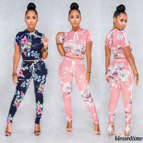 Set 2 Món Áo Croptop Tay Ngắn Hoạ Tiết Hoa Và Quần Dài 2018