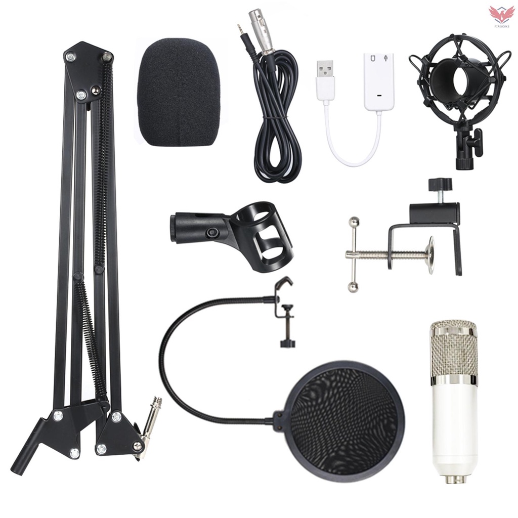 Fiok BM800 Condenser Microphone Lit Pro Audio Studio Recording & Brocasting Adjustable Mic Suspension Scissor Arm Pop Filter White