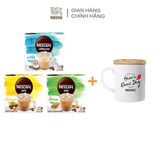 [Tặng 1 ly sứ nắp gỗ]Combo 3 hộp cà phê hòa tan Nescafé bao bì mới: 1 Cappuccino dừa +1 Latte hạt phỉ+ 1Latte hạnh nhân
