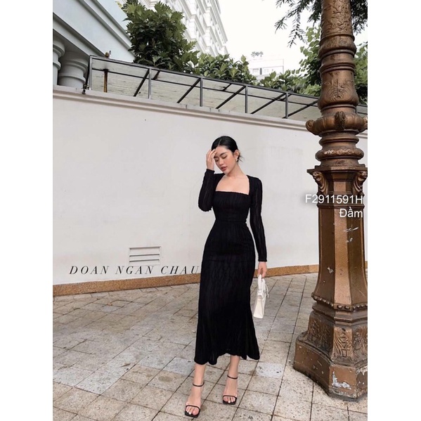 Đầm maxi ôm body cổ vuông hở lưng tay dài!