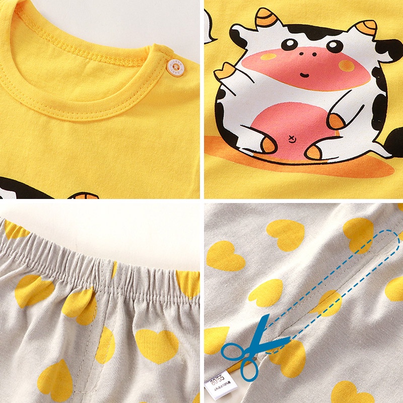 Set Đồ Mùa Hè 2 Món Gồm Áo Thun Cotton Tay Cộc + Quần Ngắn In Họa Tiết Hoạt Hình Dễ Thương Cho Bé
