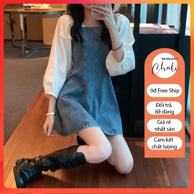 Váy Đầm Bò Jeans Denim Dáng Xòe Ngắn Váy Jean Bánh Bèo Váy Trễ Vai Tay Dài Nữ Kiểu Hàn Quốc Váy Đi Chơi VB002