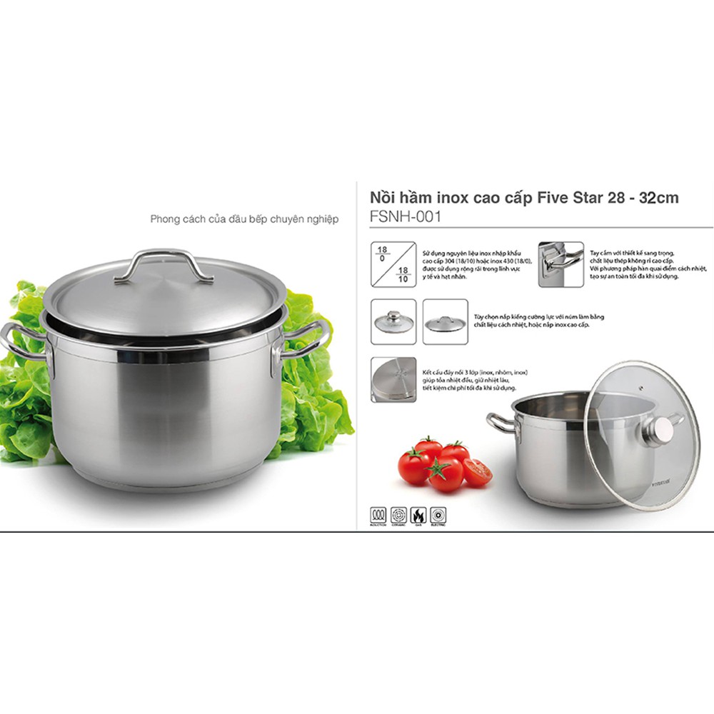 [Mã 267ELSALE hoàn 7% đơn 300K] Nồi luộc thịt Inox 430 Fivestar 32cm dùng bếp từ