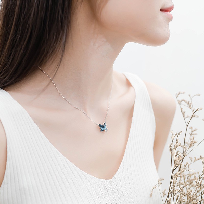 Dây chuyền bạc nữ 925 mặt bướm đá xanh phong cách đơn giản nhẹ nhàng xinh xắn - DB2564 - Bảo Ngọc Jewelry