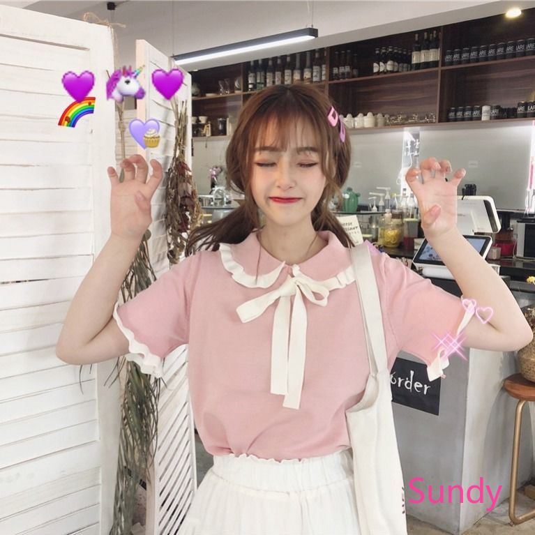 Áo Dệt Kim Tay Ngắn Dáng Rộng Phối Nơ Xinh Xắn Dành Cho Nữ