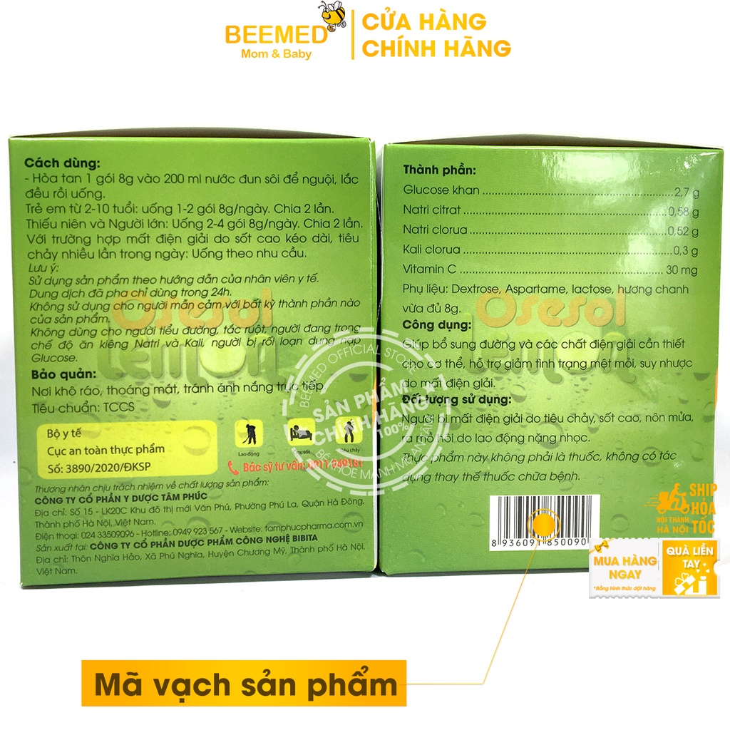 Oresol Lemon Tâm phúc - Bù nước và điện giải khi chơi thể thao, ốm sốt, mệt mỏi - Hộp 25 gói hương chanh tươi mát