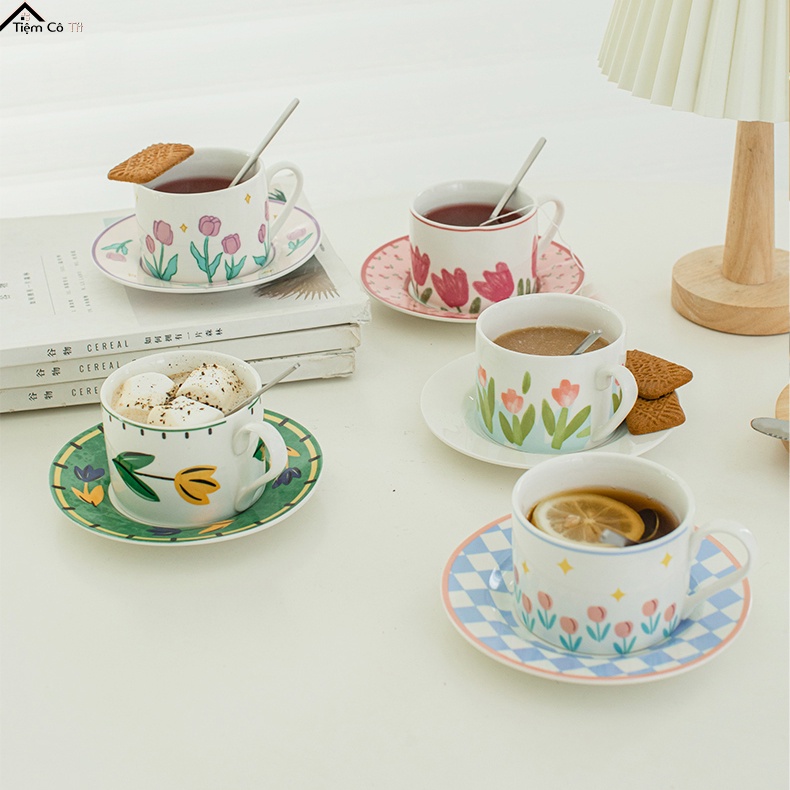 Bộ tách trà và đĩa lót tách trà, bộ ly sứ uống trà, tách cafe bằng sứ cao cấp phong cách vintgae làm quà tặng sinh nhật