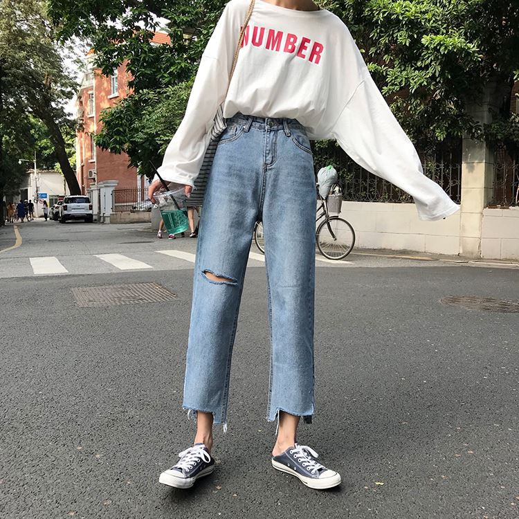 [SẴN]Quần jeans ống rộng rách lưng cao Ulzzang Quảng Châu QDJ71