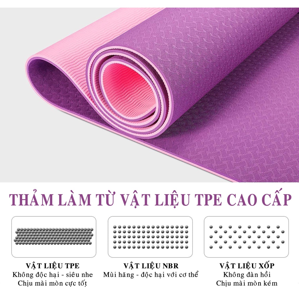 Thảm Tập Yoga 2 Lớp TPE Dày 8mm Cao Cấp Chống Trượt – Chọn Màu – Tặng Kèm Túi Đựng Và Dây Buộc Thảm Yoga Xịn