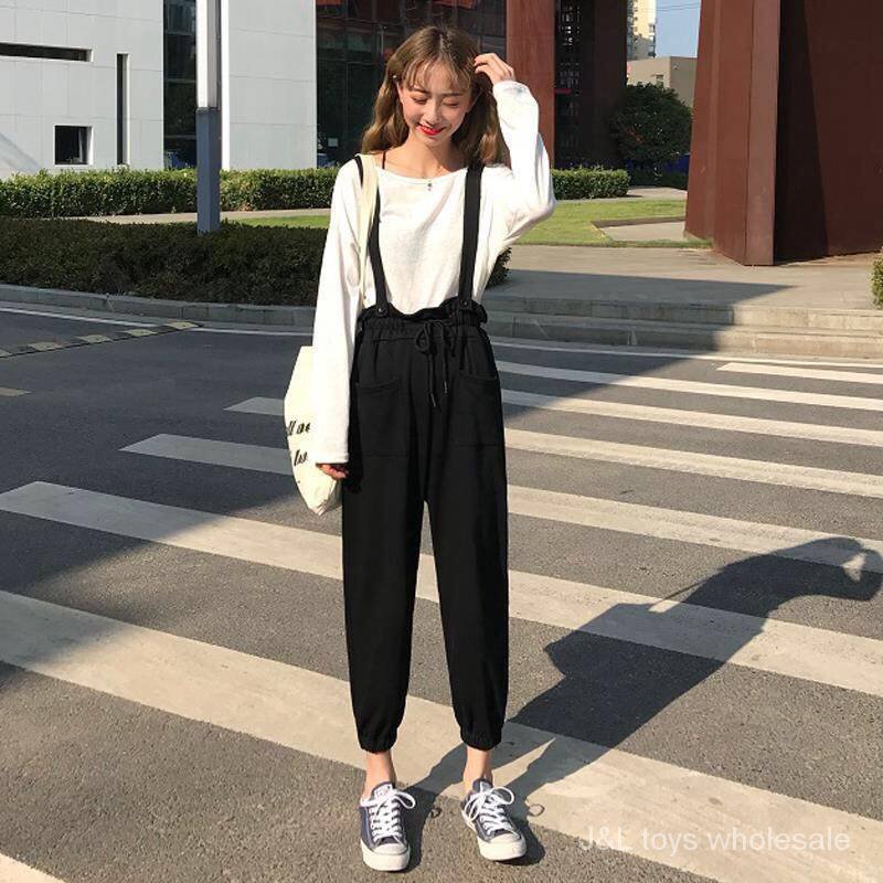 Quần yếm dài vải jean lưng cao phong cách Hàn Quốc thời trang cho phụ nữ