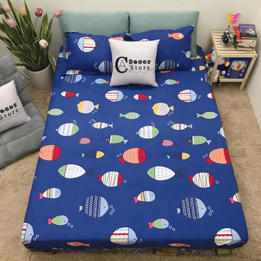 Bộ Ga Chun Kèm 2 Vỏ Gối Cotton Poly Cá Nhật - Chất Liệu Thoáng Mát CA Bedding Decor