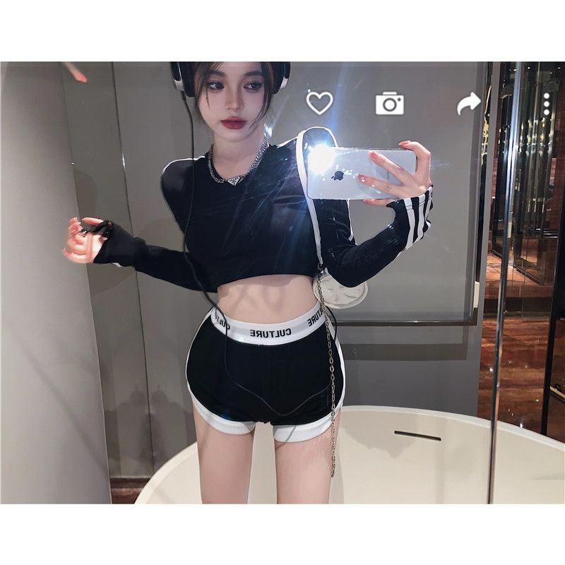 Set Đồ Thể Thao Gồm Áo Thun Tay Dài Màu Đen + Quần Ngắn Lưng Cao Dáng Ôm Thời Trang Mùa Hè Cho Nữ