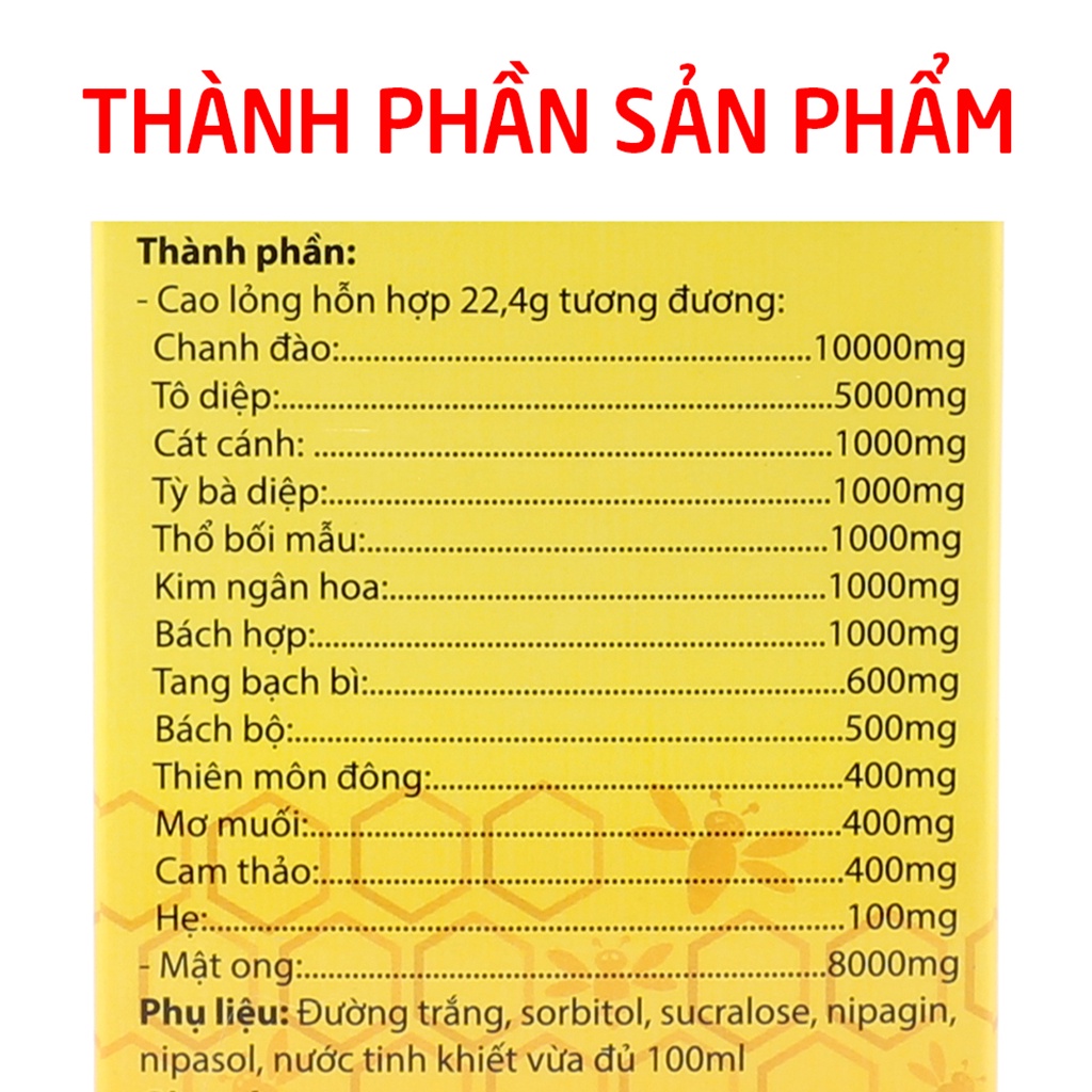 Siro ho CHANH ĐÀO MẬT ONG HD giảm ho, viêm họng, khản tiếng, tiêu đờm - Chai 100ml