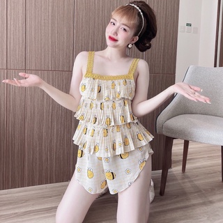 Bộ mặc nhà, bộ ngủ nữ 2 dây tiểu thư hoạ tiết siêu xinh chất lụa mango mềm mại cao cấp