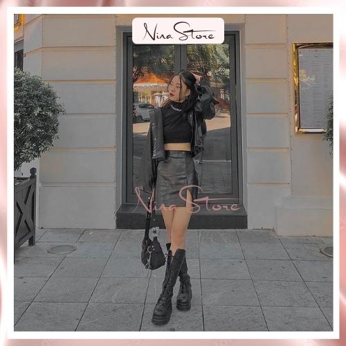 Áo khoác da croptop nữ đen - Áo khoác da nữ màu đen dáng ngắn, dài tay, cúc bấm phong cách cá tính Hàn Quốc NinaStore