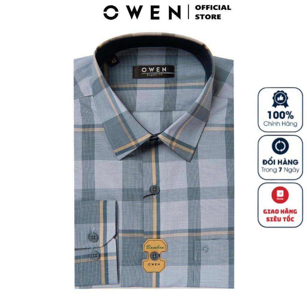 Áo Sơ Mi Nam Dài Tay OWEN AR220791DT Somi Công Sở Vải Sợi Tre Cao Cấp Màu Kẻ Caro Xanh Xám Nâu Dáng Suông Tà Lượn Có Túi