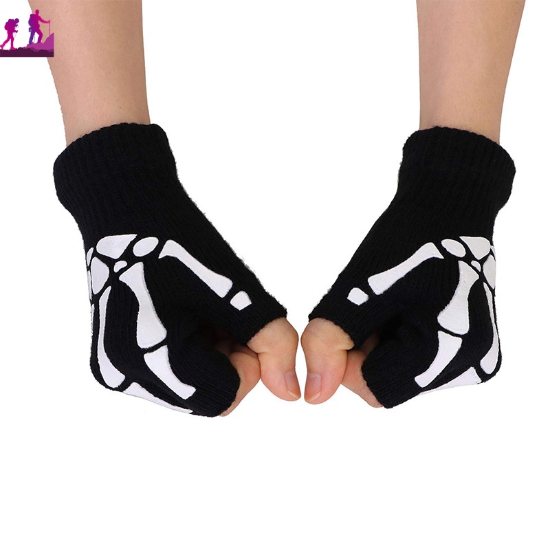 Găng Tay Chống Trượt Hở Ngón Họa Tiết Bộ Xương Phong Cách Gothic