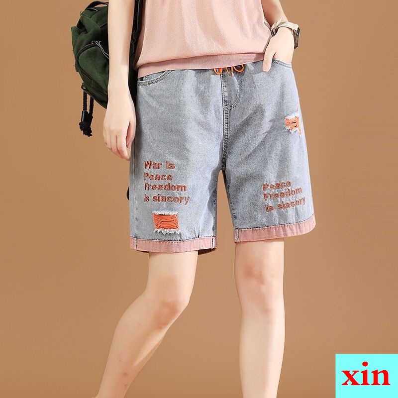 Quần Short Denim Ống Rộng Lưng Thun Cao Phối Rách Thêu Họa Tiết Mẫu Mới Thời Trang Mùa Hè 2022 Cho Nữ