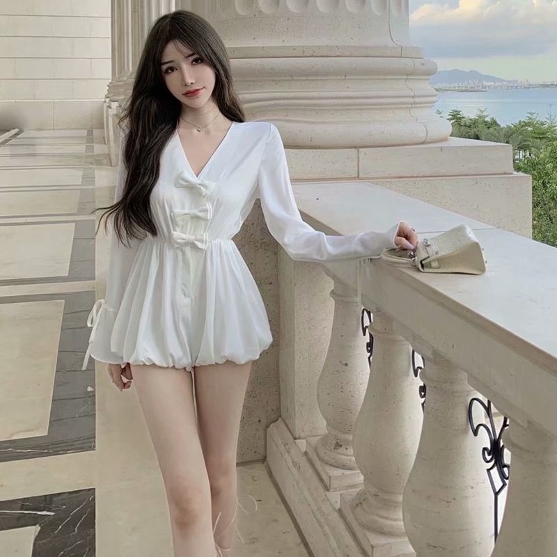 Bán Chạy!F &amp; X Bộ Áo Liền Quần Cổ Chữ V Thắt Nơ Phong Cách Hàn Quốc Thời Trang Mùa Hè Dành Cho Nữ 2022