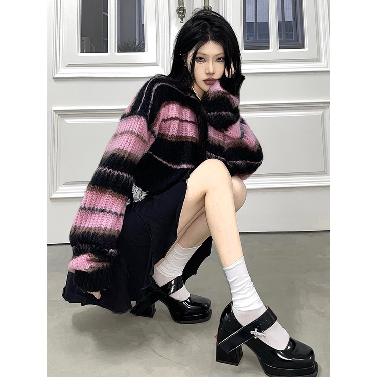 NUZIRO  Áo croptop  tay dài cổ tròn kẻ sọc đen trắng phong cách Hàn Quốc cho nữ