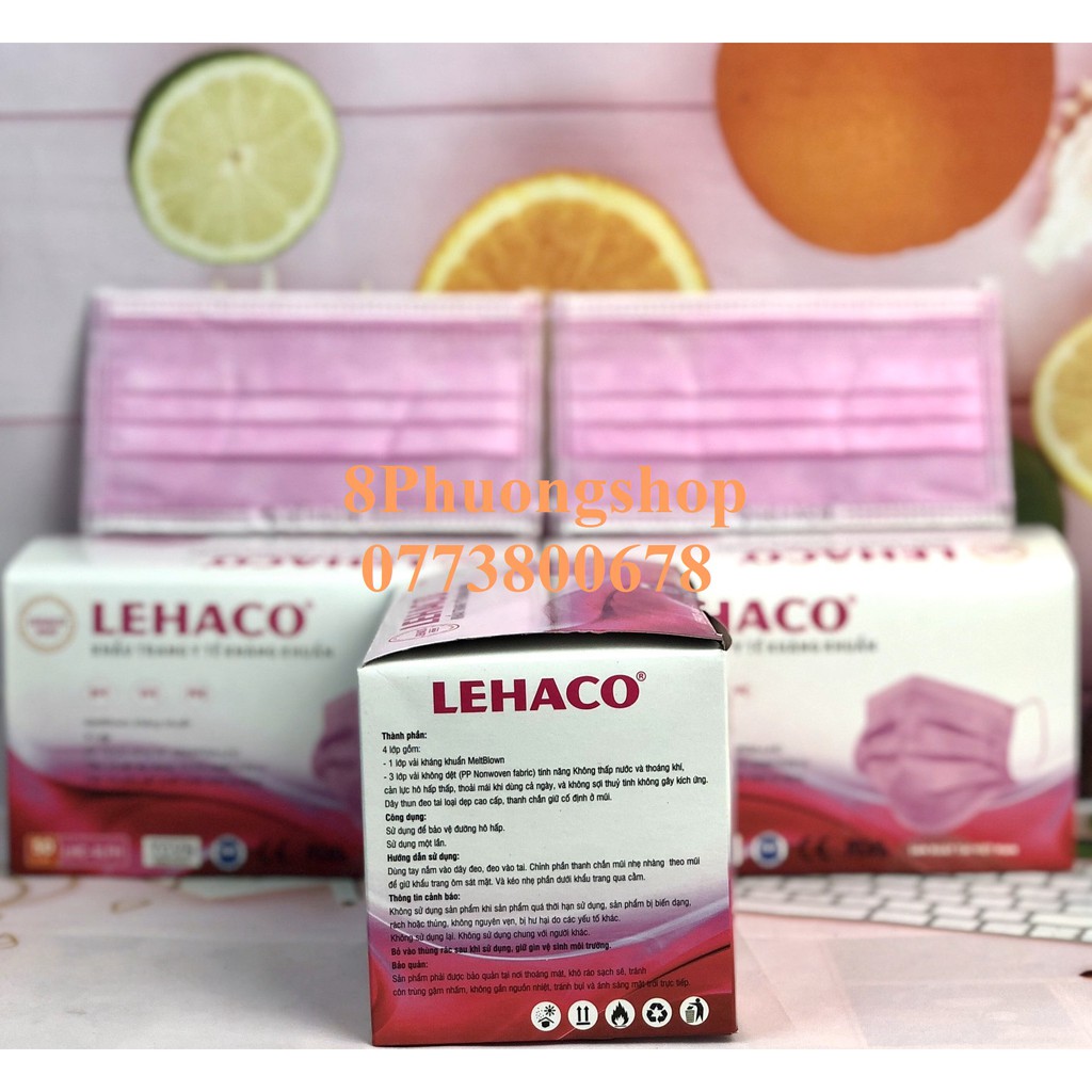 Khẩu trang Màu Hồng Lehaco 4 lớp kháng khuẩn 50 cái/ hộp - Khẩu trang y tế Lehaco