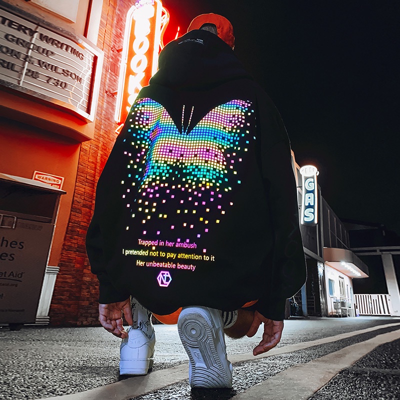 [m-8xl] Hooded Sweater hat t reflective butterfly printed   hoodie sweater Guochao Street hip hop Jacket for men and women in autumn and winter