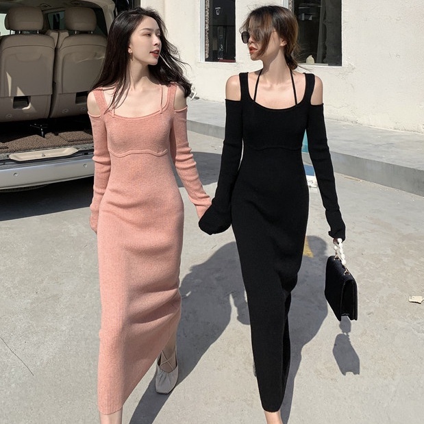 SUXI Đầm Maxi Dệt Kim Tay Dài Màu Sắc Thanh Lịch Thời Trang Mùa Thu Cho Nữ